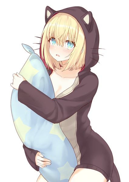 Anime picture 1500x2115 with azur lane bataan (azur lane) bataan (comfy cotton jammies) (azur lane) isao (wasamoti) single tall image looking at viewer blush fringe short hair open mouth blue eyes blonde hair simple background hair between eyes standing white background holding animal ears cleavage