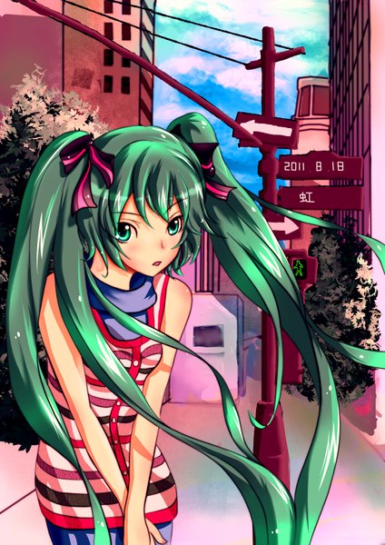 Anime picture 2480x3507 with vocaloid hatsune miku tagme (artist) single tall image blush highres standing twintails sky cloud (clouds) very long hair aqua eyes aqua hair inscription street girl dress flower (flowers) bow