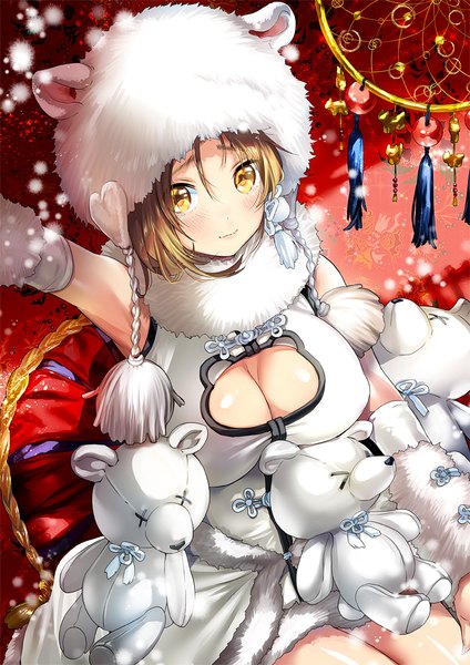 Anime picture 700x990 with original yanyo (ogino atsuki) single tall image looking at viewer blush short hair breasts light erotic blonde hair smile large breasts animal ears yellow eyes cleavage arm up from above fake animal ears cleavage cutout girl