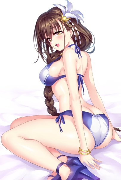 Anime picture 816x1206 with kanpani girls shirayuri sakura senri gan single long hair tall image blush breasts open mouth light erotic brown hair white background yellow eyes braid (braids) hair flower girl hair ornament flower (flowers) swimsuit bikini