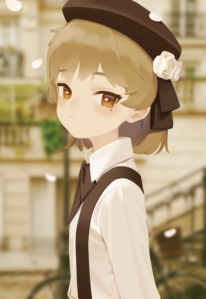 Anime picture 1926x2801 with virtual youtuber tsugu (vtuber) hatoba tsugu re-leaf single tall image looking at viewer highres short hair brown hair upper body outdoors mole mole under eye girl petals beret
