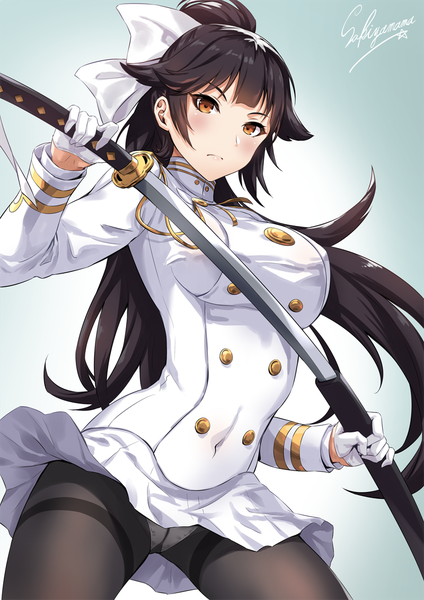 Anime picture 800x1131 with azur lane takao (azur lane) sakiyamama single long hair tall image looking at viewer blush fringe breasts light erotic black hair simple background large breasts standing holding brown eyes signed ponytail gradient background