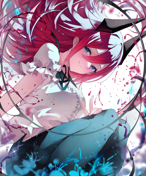 Anime picture 2500x3000 with original w (w64851564) single long hair tall image looking at viewer blush fringe highres blue eyes smile hair between eyes red hair horn (horns) girl blood