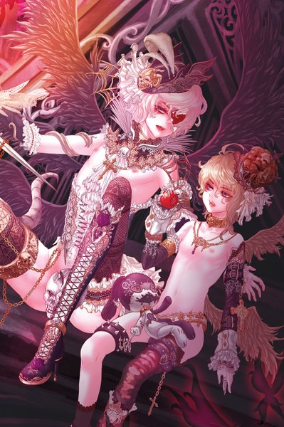 Anime picture 884x1329 with original ju-i tall image looking at viewer short hair open mouth light erotic blonde hair sitting multiple boys high heels black wings multiple wings boy hat wings insect butterfly thigh boots chain