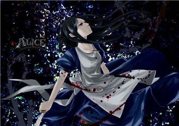 Anime picture 1169x826 with american mcgee's alice (game) alice: madness returns alice (american mcgee's) chimney single long hair black hair looking up girl dress weapon blood apron knife