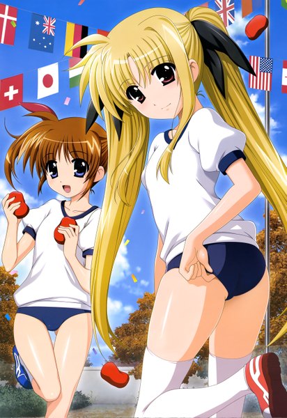 Anime picture 4089x5953 with mahou shoujo lyrical nanoha nyantype fate testarossa takamachi nanoha higa yukari long hair tall image highres short hair open mouth blue eyes light erotic blonde hair red eyes brown hair twintails multiple girls absurdres looking back scan