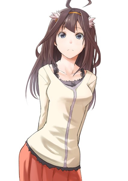 Anime picture 988x1392 with kantai collection kongou battleship rane (etsu) single long hair tall image looking at viewer fringe breasts blue eyes simple background brown hair standing white background ahoge alternate costume hands behind back girl skirt hair ornament