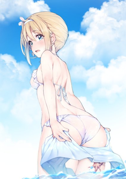 Anime picture 849x1200 with girls frontline suomi kp31 (girls frontline) jp06 single tall image looking at viewer blush fringe short hair breasts open mouth blue eyes light erotic blonde hair hair between eyes standing holding payot sky outdoors