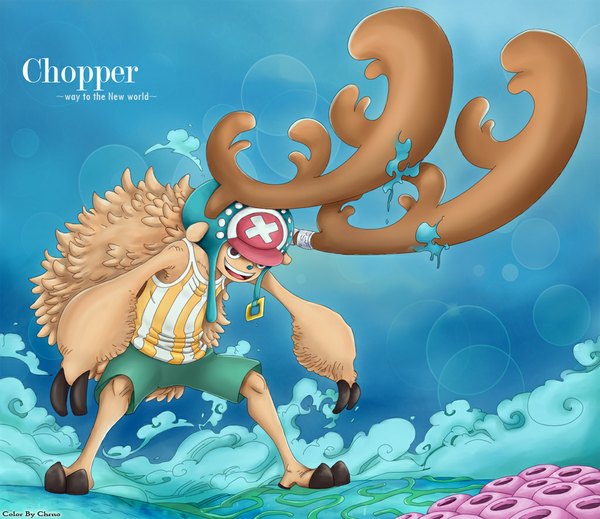 Anime picture 1024x887 with one piece toei animation tony tony chopper lchrno single smile looking away horn (horns) black eyes character names underwater fighting stance animal shorts headdress t-shirt reindeer