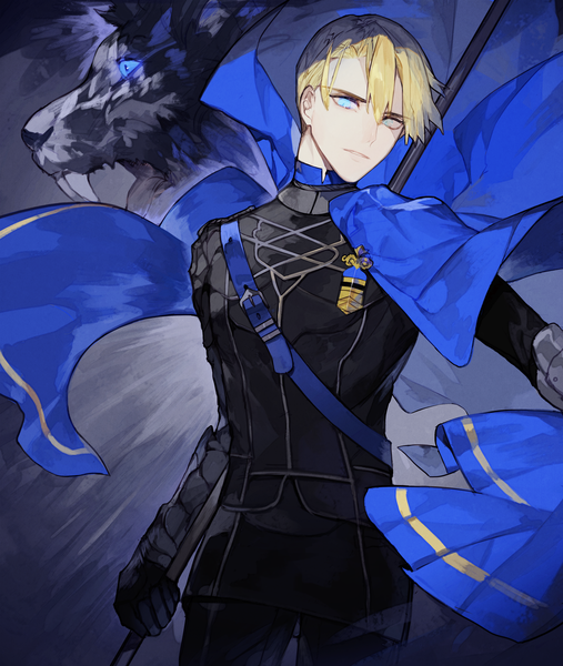 Anime picture 3030x3588 with fire emblem fire emblem: three houses nintendo dimitri alexandre blaiddyd pullssack single tall image looking at viewer fringe highres short hair blue eyes blonde hair hair between eyes standing holding absurdres boy gloves uniform