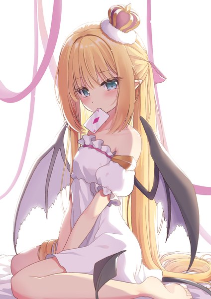 Anime picture 1654x2339 with original beni kurage single long hair tall image looking at viewer blush fringe blue eyes blonde hair hair between eyes white background sitting bare shoulders holding payot full body tail head tilt barefoot