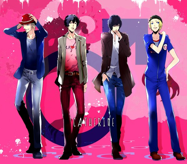 Anime picture 1300x1146 with catherine (game) vincent brooks tobias nebbins orlando haddick jonathan ariga futaba hazuki looking at viewer short hair open mouth blue eyes black hair blonde hair smile standing one eye closed wink inscription multiple boys wallpaper hand on hip