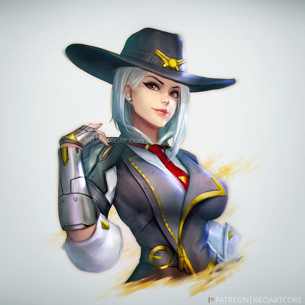 イラスト 1000x1000 と オーバーウォッチ blizzard entertainment ashe (overwatch) nudtawut thongmai ソロ カメラ目線 短い髪 おっぱい simple background 茶目 signed upper body white hair fingernails lips realistic grey background ほくろ asymmetrical hair 女の子