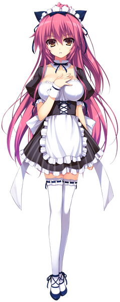 Anime picture 1060x2659 with reminiscence akusera tomose shunsaku single long hair tall image looking at viewer fringe breasts large breasts brown eyes pink hair full body ponytail maid zettai ryouiki hand on chest transparent background girl thighhighs