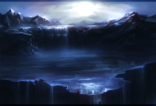 Anime picture 1100x750 with las-t (artist) night mountain landscape scenic waterfall fog lake water