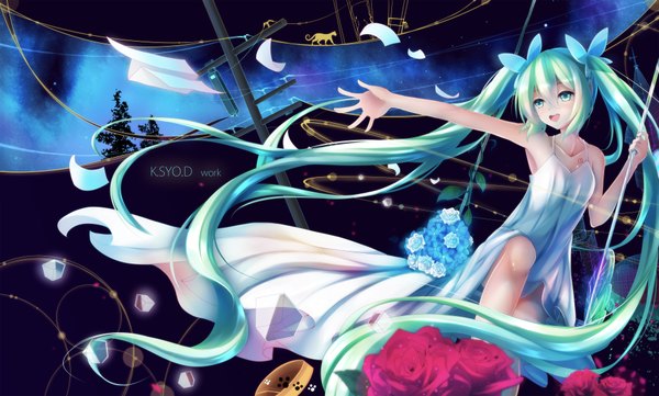Anime picture 3939x2372 with vocaloid hatsune miku asahi kuroi single highres open mouth wide image twintails absurdres very long hair aqua eyes aqua hair girl dress flower (flowers) bow hair bow bouquet paper