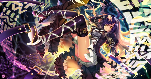 Anime picture 1200x629 with touhou hijiri byakuren riv light erotic wide image yellow eyes multicolored hair scenic girl thighhighs flower (flowers) sorcerer's sutra scroll