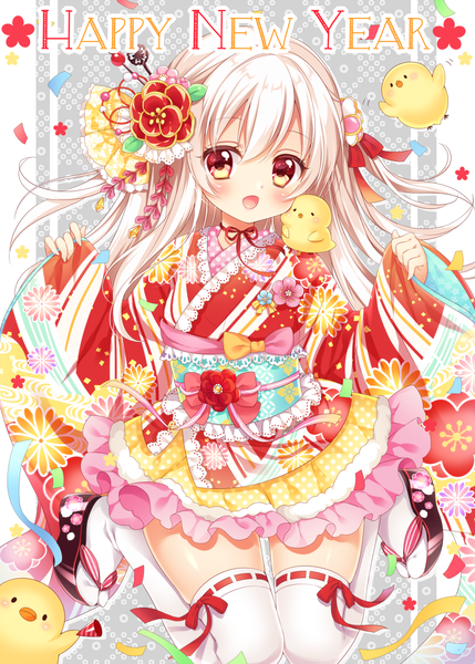 Anime picture 800x1119 with original mitsuba choco single long hair tall image looking at viewer blush open mouth yellow eyes white hair :o sleeves past wrists new year multicolored eyes happy new year animal on shoulder kikumon girl thighhighs hair ornament