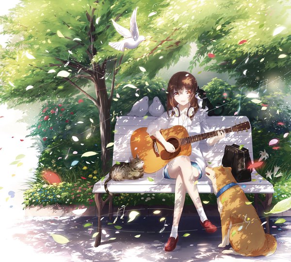 Anime picture 2116x1910 with original sena tea29 single long hair looking at viewer fringe highres open mouth hair between eyes brown hair sitting full body :d orange eyes crossed arms headphones around neck playing instrument girl flower (flowers) plant (plants)