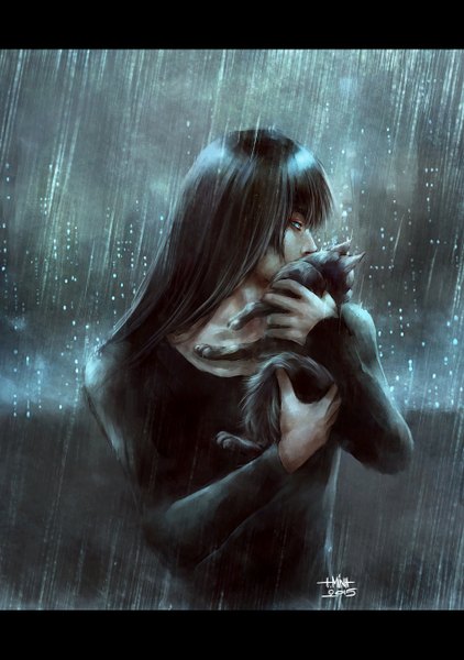 Anime picture 950x1350 with original morana (original character) nanfe long hair tall image fringe blue eyes black hair signed looking away realistic dated letterboxed rain 2015 boy animal cat
