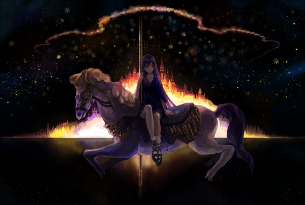 Anime picture 1898x1280 with mikebosi long hair highres sitting purple hair night city girl star (stars) horse carousel