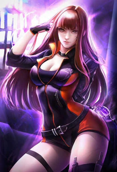 Anime-Bild 1372x2000 mit dungeon and fighter female brawler (dungeon and fighter) flute (artist) single long hair tall image looking at viewer fringe breasts brown hair large breasts standing brown eyes cleavage blunt bangs parted lips arm up scar arm behind back aura