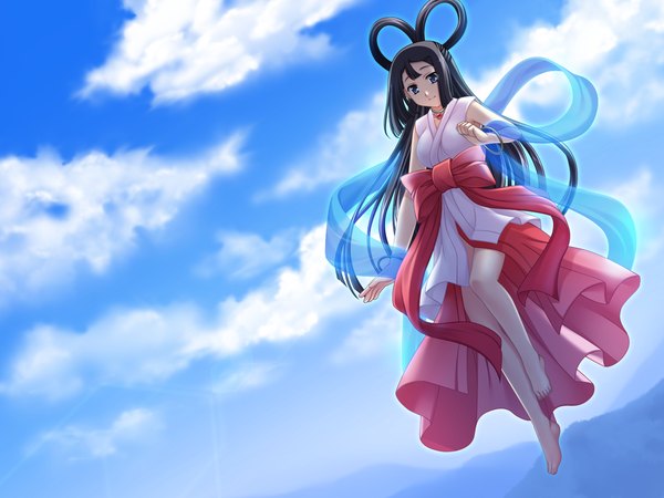 Anime picture 1600x1200 with tasogare no sinsemilla blue eyes black hair game cg sky girl