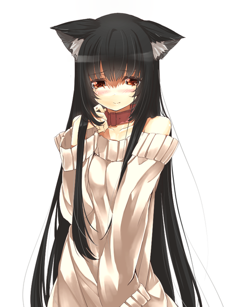 Anime picture 720x960 with original kyougoku touya single long hair tall image fringe black hair simple background red eyes white background bare shoulders animal ears cat ears girl sweater collar