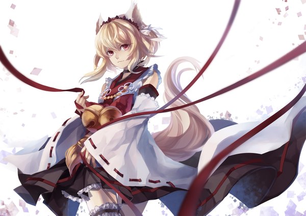 Anime picture 1600x1131 with original skade single looking at viewer fringe short hair simple background blonde hair smile red eyes standing white background holding animal ears tail long sleeves traditional clothes japanese clothes animal tail wind