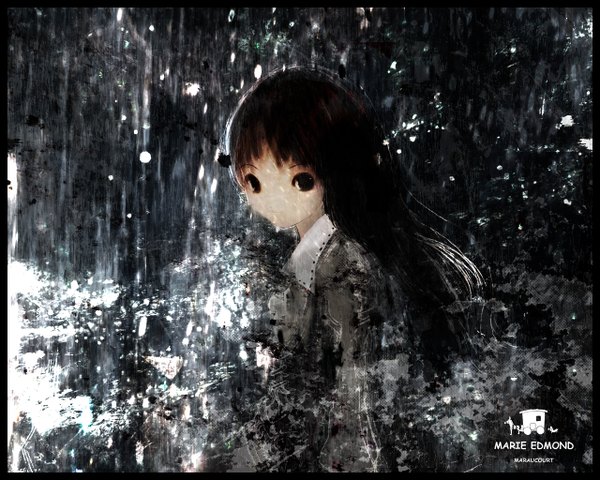 Anime picture 1280x1024 with original 86thunder single long hair looking at viewer black hair black eyes border black background girl