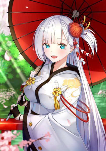Anime picture 1000x1424 with azur lane shoukaku (azur lane) as4gi single long hair tall image looking at viewer blush fringe breasts open mouth blue eyes smile standing holding silver hair outdoors blunt bangs traditional clothes :d