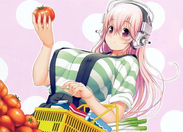 Anime picture 5695x4127 with nitroplus super sonico single long hair blush highres breasts light erotic smile large breasts pink hair absurdres pink eyes scan girl headphones vegetables basket tomato