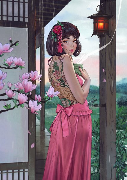 Anime picture 848x1200 with original toshia-san single tall image looking at viewer blush short hair brown hair standing signed sky outdoors looking back hair flower horn (horns) lips orange eyes tattoo twitter username facial mark