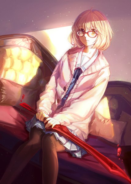 Anime picture 800x1120 with kyoukai no kanata kyoto animation kuriyama mirai achyue single tall image looking at viewer short hair blonde hair sitting brown eyes girl skirt weapon sword glasses sweater