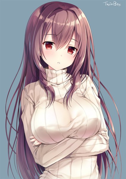 Anime picture 850x1202 with fate (series) fate/grand order scathach (fate) (all) scathach (fate) sousouman single long hair tall image fringe breasts light erotic simple background hair between eyes red eyes brown hair large breasts signed looking away upper body grey background