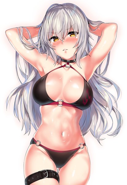 Anime picture 2433x3526 with fate (series) fate/grand order jeanne d'arc (fate) (all) jeanne d'arc alter (fate) jeanne d'arc alter (swimsuit berserker) (fate) kawai (purplrpouni) single long hair tall image looking at viewer blush fringe highres breasts light erotic simple background hair between eyes large breasts standing white background
