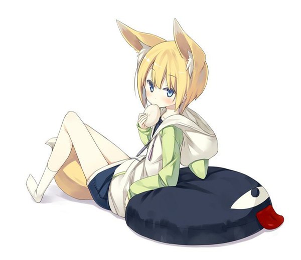 Anime picture 800x694 with original shiratama kitsune kuroino (poco) poco (asahi age) single looking at viewer short hair blue eyes simple background blonde hair white background animal ears tail animal tail fox ears fox tail eating reclining girl skirt