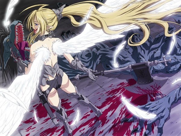 Anime picture 1280x960 with original iga tomoteru pointy ears fantasy wings blood axe