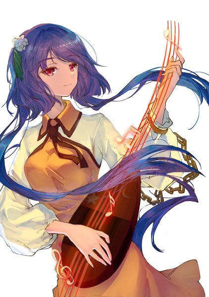 Anime picture 2308x3283 with touhou tsukumo benben ringo orihara single tall image highres short hair simple background red eyes white background looking away purple hair playing instrument treble clef girl musical instrument musical note lute (instrument)