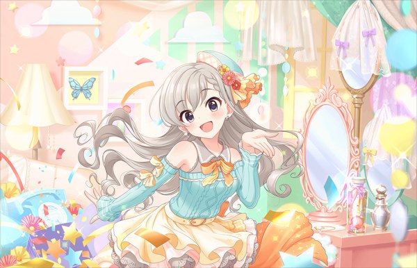 Anime picture 1280x824 with idolmaster idolmaster cinderella girls idolmaster cinderella girls starlight stage hisakawa hayate annindoufu (oicon) single long hair looking at viewer blush open mouth smile braid (braids) head tilt grey hair girl skirt flower (flowers) hat detached sleeves star (symbol)