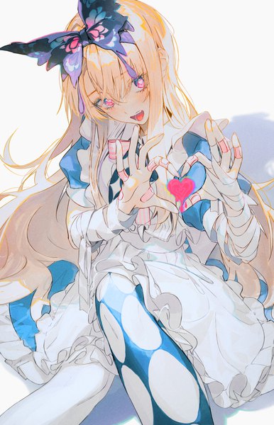 Anime picture 761x1184 with grimlight alice (grimlight) wanke single long hair tall image looking at viewer blush fringe open mouth simple background hair between eyes white background sitting purple eyes head tilt :d puffy sleeves symbol-shaped pupils heart-shaped pupils