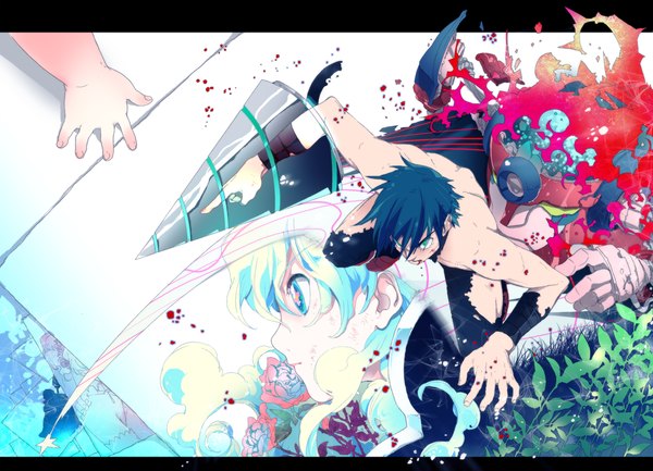 Anime picture 1200x867 with tengen toppa gurren lagann gainax nia teppelin simon innyou long hair short hair blue eyes blue hair profile from above aqua hair torn clothes topless multicolored eyes silhouette girl boy flower (flowers) weapon