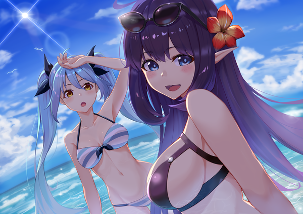 Anime picture 8185x5787 with king's raid mirianne (king's raid) sonia (king's raid) kuen (kuennn12) long hair looking at viewer blush fringe highres breasts open mouth blue eyes light erotic hair between eyes large breasts standing twintails bare shoulders multiple girls yellow eyes