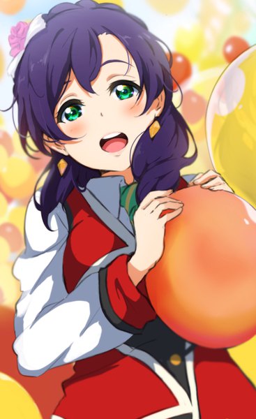 Anime picture 1165x1902 with love live! school idol project sunrise (studio) love live! toujou nozomi icehotmilktea single long hair tall image looking at viewer blush open mouth holding green eyes purple hair hair flower girl flower (flowers) bow hair bow earrings