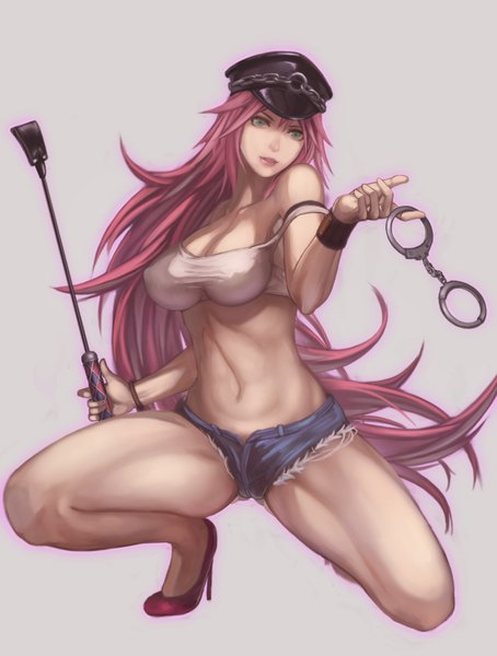 Anime picture 1550x2047 with street fighter final fight capcom poison (final fight) yazuwo single long hair tall image looking at viewer breasts blue eyes light erotic simple background pink hair lips grey background bare belly midriff high heels girl