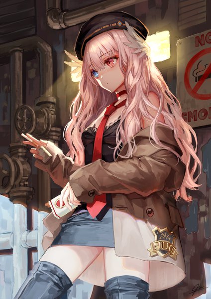Anime picture 1414x2000 with original okuma mai single long hair tall image fringe blue eyes hair between eyes red eyes standing bare shoulders holding signed looking away pink hair long sleeves off shoulder open jacket zettai ryouiki heterochromia