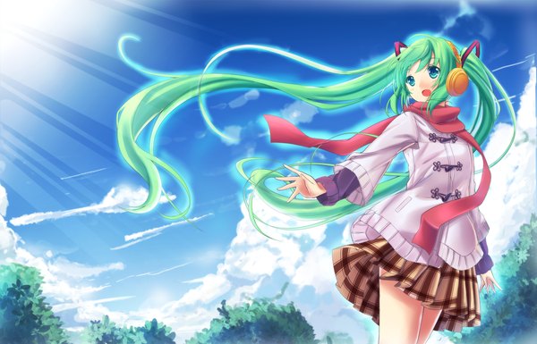 Anime picture 2800x1800 with vocaloid hatsune miku hxhrise (artist) single long hair highres open mouth blue eyes twintails sky cloud (clouds) green hair light girl skirt miniskirt headphones scarf