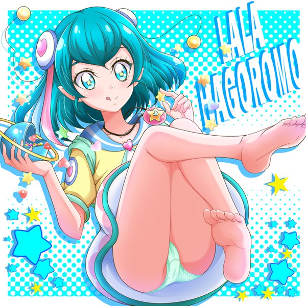 Anime picture 1350x1353 with precure star twinkle precure toei animation hagoromo lala hanzou single tall image looking at viewer blush fringe short hair light erotic simple background holding full body bent knee (knees) barefoot aqua eyes aqua hair character names