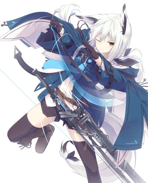Anime picture 944x1165 with original nagishiro mito single long hair tall image looking at viewer white background yellow eyes white hair tail animal tail one eye closed wink girl thighhighs gloves weapon black thighhighs sword black gloves