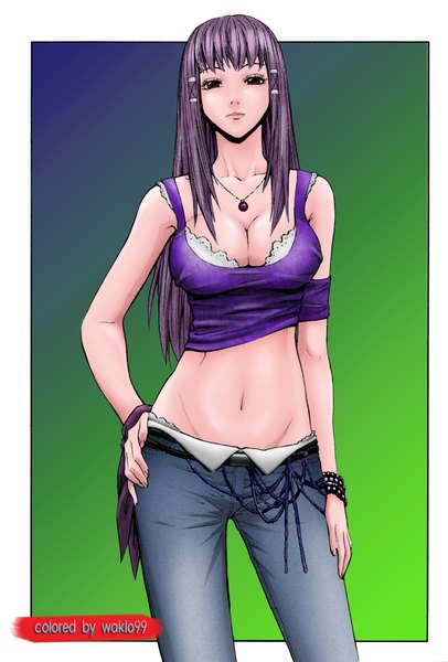 Anime picture 1498x2212 with veritas makihara madoka waklo99 single long hair tall image looking at viewer breasts light erotic simple background brown eyes purple hair bare belly midriff hand on hip girl navel choker t-shirt